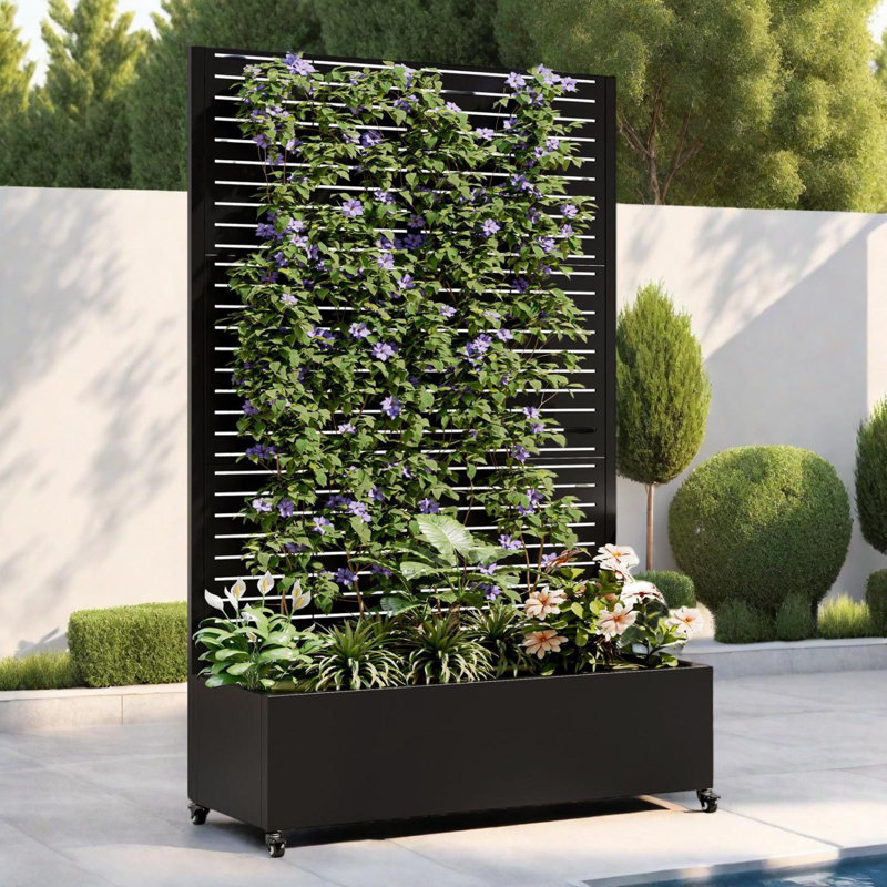 Boîte à fleurs en métal avec treillis et roues verrouillables, lit de jardin surélevé avec écran d'intimité et trous de drainage