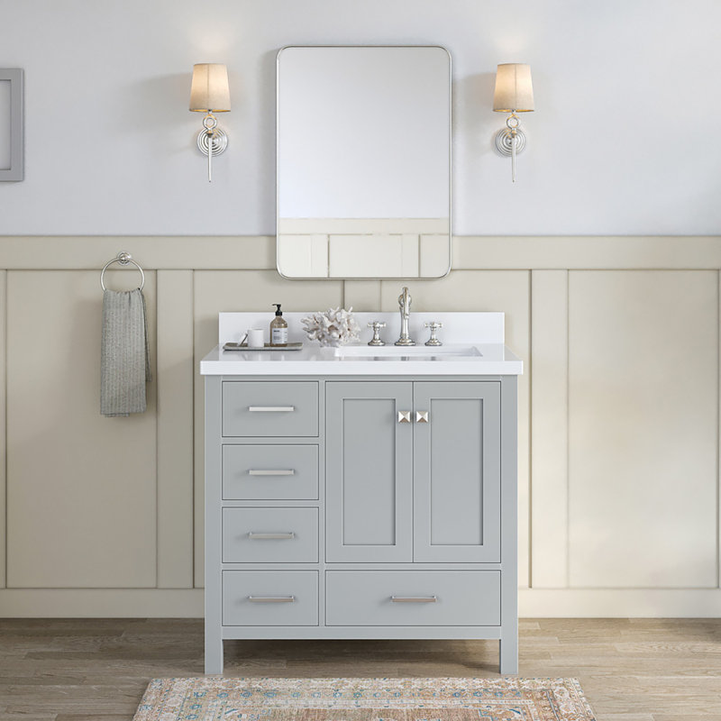Cambridge 37'' W Single Vanity, Gray, Pure White Quartz, Rectangular