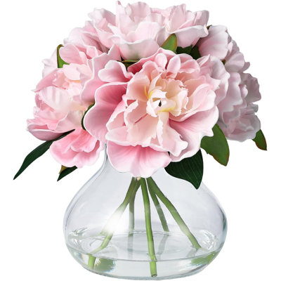 Fleurs artificielles de pivoines en soie Real Touch, pivoines dans un vase en verre avec de l'eau artificielle, arrangement floral de grande taille pour centre de table de mariage, décoration de la maison, de la fête et de la salle de bain