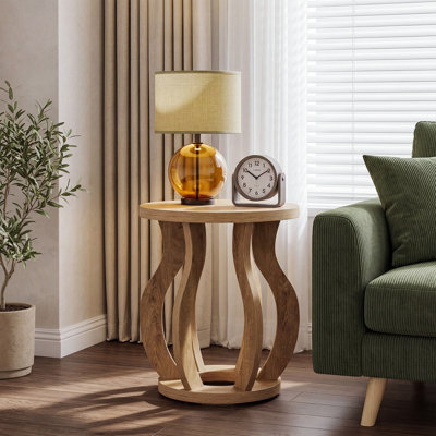 Round End Table, Farmhouse Couch Side Table for Living Room, Wood  Bedside Table Nightstand with Curved Frame