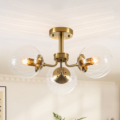 Aurellia 3 - Light White Globe Ribbed Glass Semi Flush Mount Ceiling Light