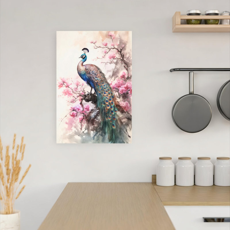 Peacock Among Cherry Blossoms Contemporary Bird Animal Flower Wall Art Print by Andrea Haase - Wrapped Canvas Print