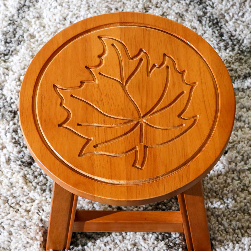 Wooden Step Stool, Natural And Maple Leaf - Versatile Decor Piece Stool In Natural, Highlighting Beautiful Functional