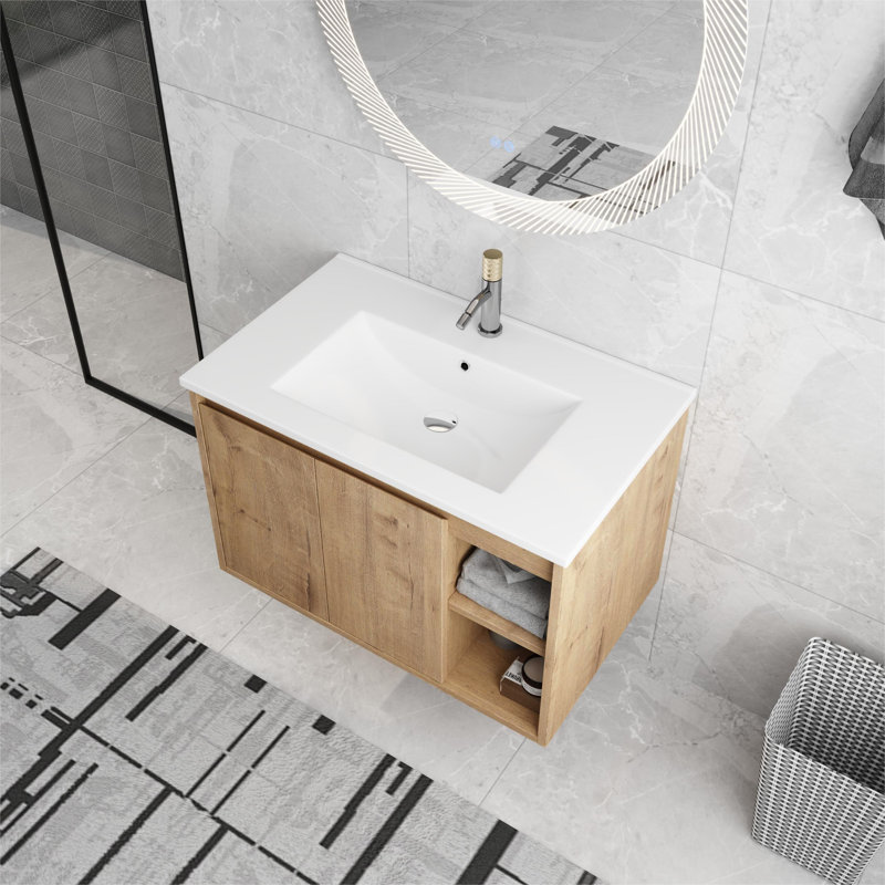30'' Wall Mounted Single Bathroom Vanity with Ceramic Basin Sink Top, Floating Vanity with 2 Doors and 1 Shelf