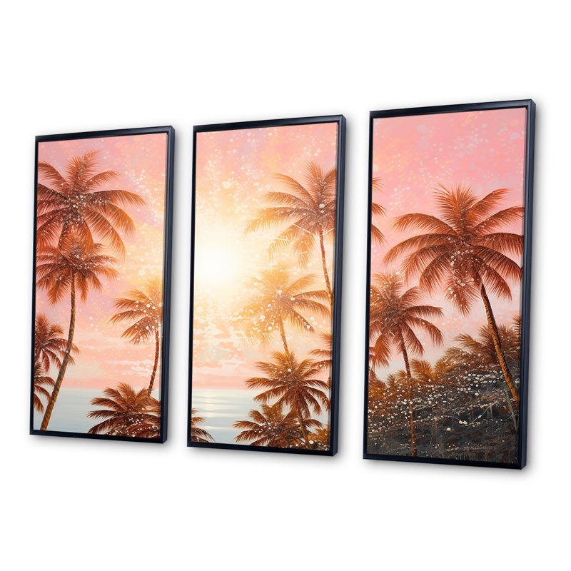 «Rose Radiance Sunset Palm Trees III - Ensemble de palmiers et palmiers», Cadre flottant noir, H 28 po x l 36 po x P 1 po