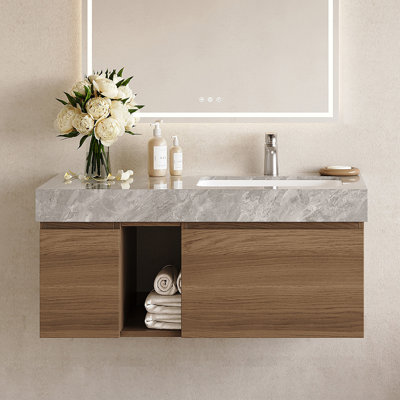Meuble-lavabo 36 po en noyer avec lavabo, meuble-lavabo simple en bois moderne avec rangement, meuble de salle de bain de conception minimaliste avec drain