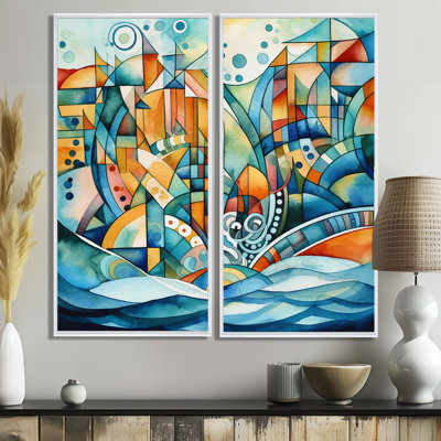 Blue And Orange Language Of Lines II - Cream Modern Canvas Wall Art 2 Pieces