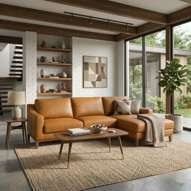 Inniss 107.3" Genuine Leather Right Chaise Sectional Sofa with Solid Wood Frame and Legs, Orange Genuine Leather