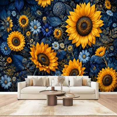 Papier peint mural adhésif moderne à motif floral rétro cachemire et fleurs de tournesols et marguerites, idéal pour la chambre ou le salon. Dimensions : 254 cm (L) x 366 cm (l).