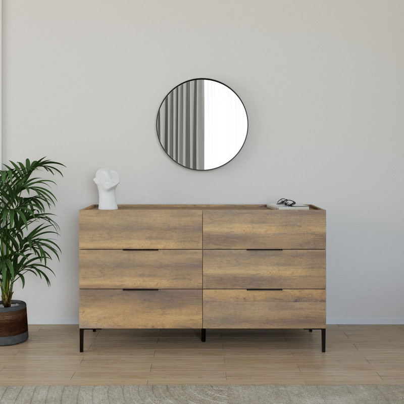 Commode moderne en noyer avec 6 tiroirs, 55,1 po x 31,9 po x 17,3 po | Panneau de particules revêtu de mélamine à 100%, conception murale | Solution de rangement élégante et fonctionnelle pour les chambres à coucher et les espaces de vie