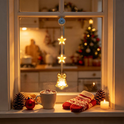 Christmas Window Hanging Lights with Suction Cup Battery Operated LED Window Curtain Lamp Star Snowflake Tree Shaped Hanging Ornament Lights for Xma C