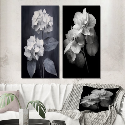" Black White Hydrangea Blooming " 2 Piece Art Set