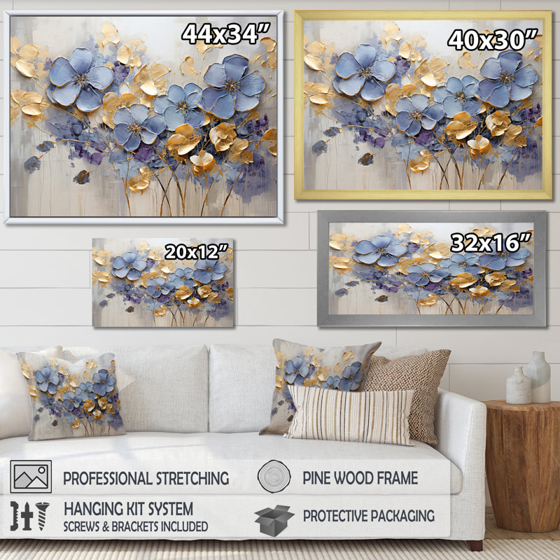 «Blue and Gold Exquisit Violets I» - art mural Violettes, Toile tendue, H 24 po x l 32 po x P 1 po