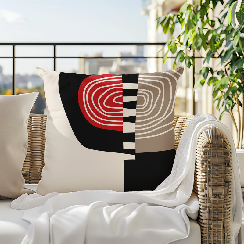 Coussin Marti, Rouge / noir / blanc cassé abstrait, H 15 po x l 15 po