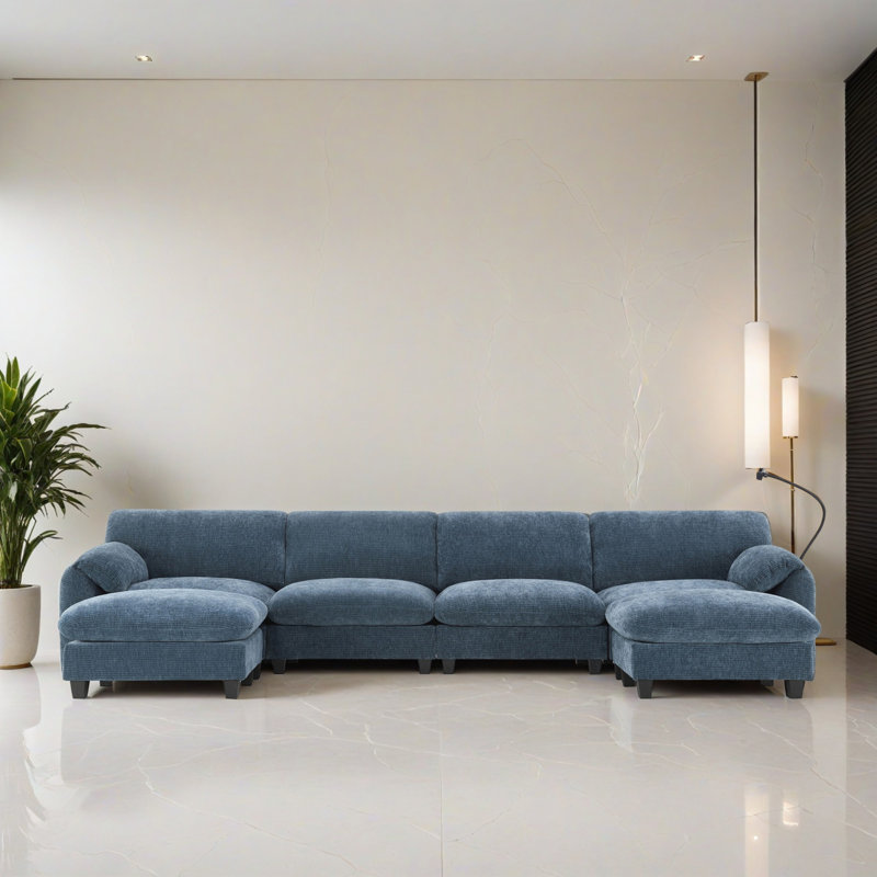 Canapé-lit modulaire 6 pièces pour salon, Chenille gris-bleu