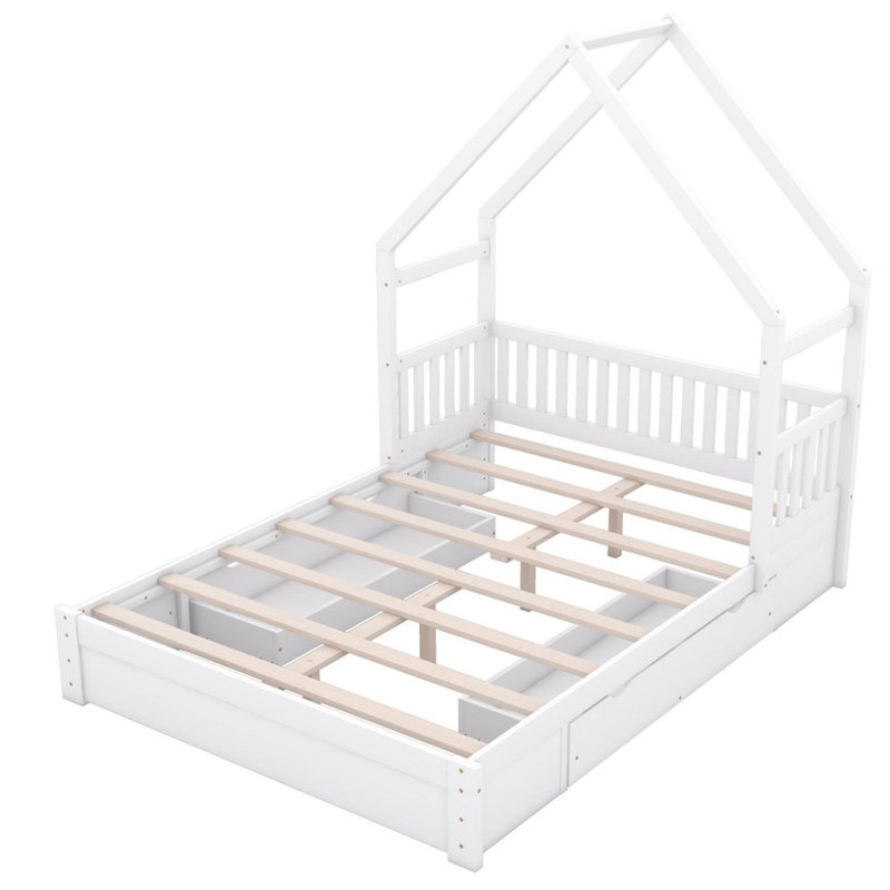 Grand lit plateforme en bois blanc avec garde-corps et 2 tiroirs, Blanc