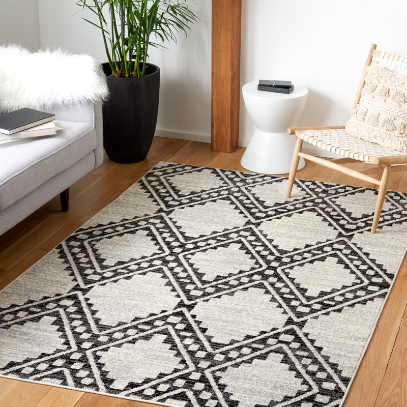 Burch Geometric Ivory/Black Area Rug, Rectangle 5'5" x 7'7"