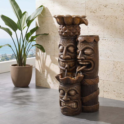Bronze Triple Tiki Head Cascading Water Fountain with LED Light for Indoor and Outdoor Decor, Polynesian-Inspired Design