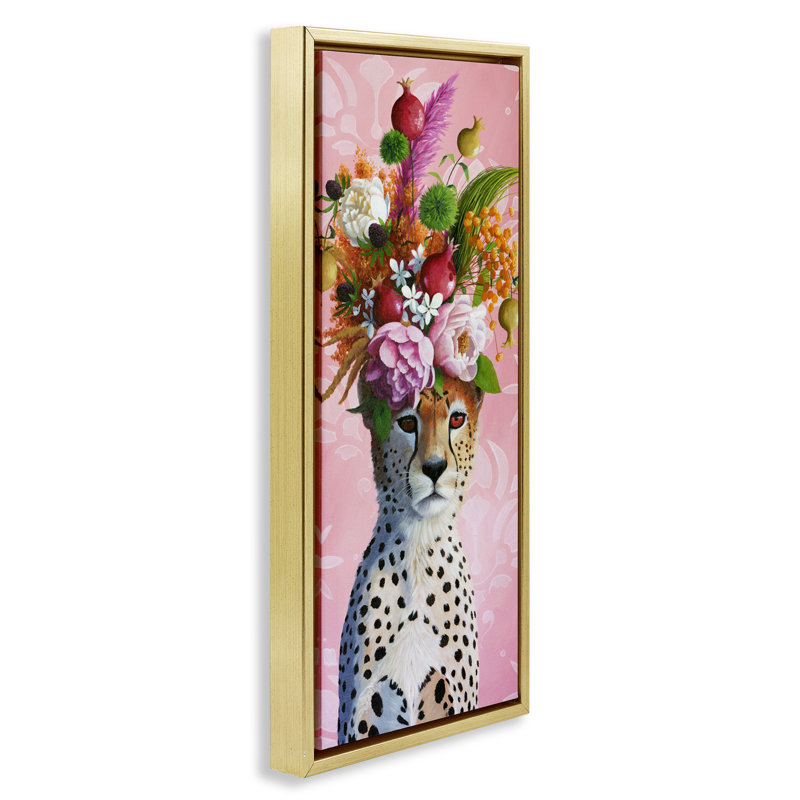 Cadre flottant Serious Cheetah & Florals, design par Heather Gauthier, H 31 po x l 15 po, Cadre flottant métallique doré