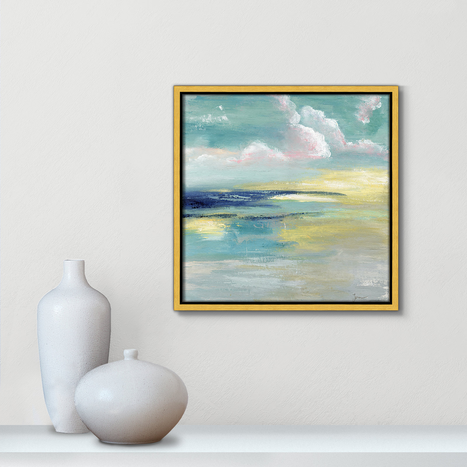 Bertie "Ocean View" Painting by Tava Studios, 13.5" H x 13.5" W x 2" D, Gold Framed Canvas