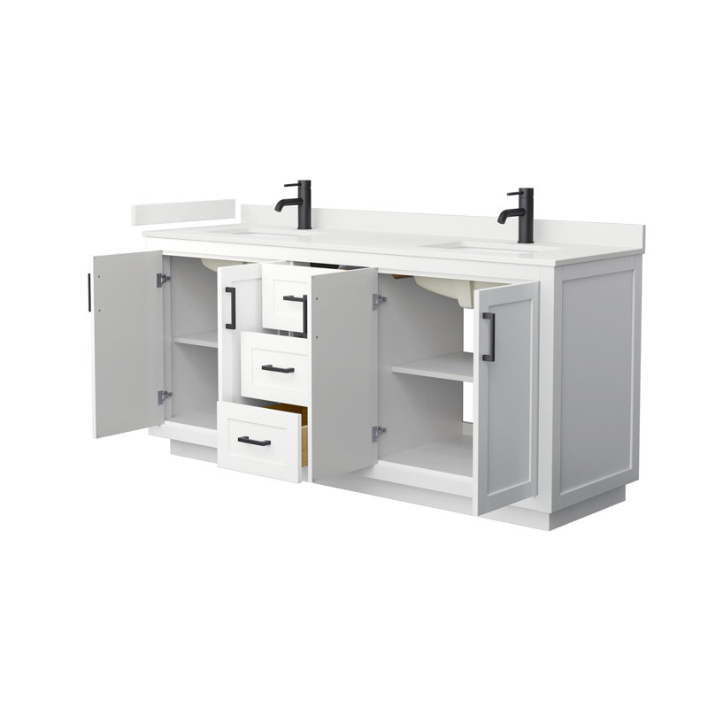Meuble-lavabo double autoportant 72 po avec plateau en quartz Miranda, Quartz blanc, Blanc, Noir mat