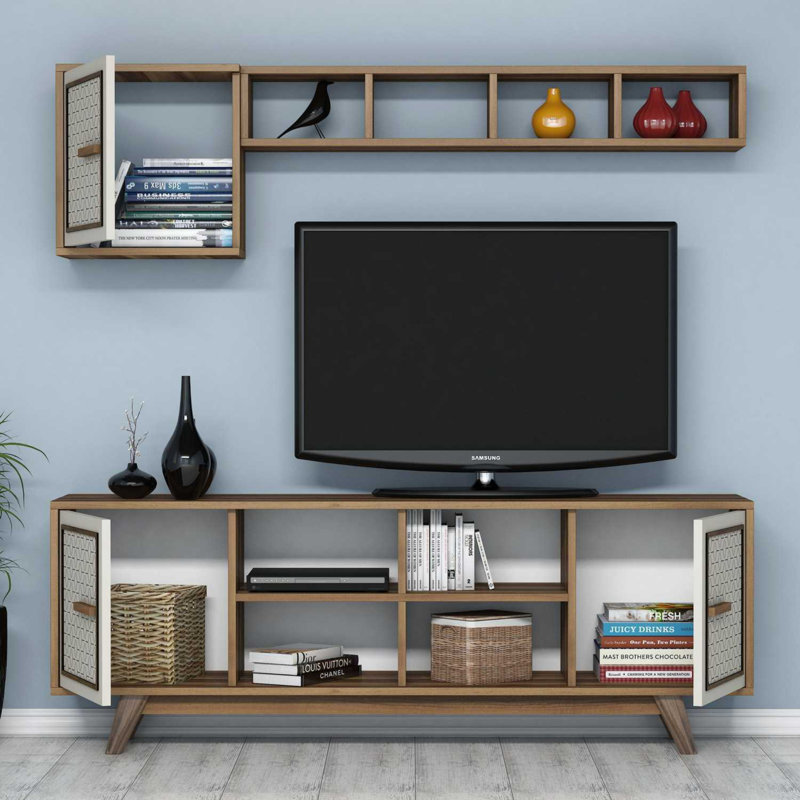 Modern TV Unit with Wall Shelf & Cabinet, Walnut & Cream, 63.0 x 22.1 x 13.8 inches | 100% Melamine Coated Particle Board, Thickness: 0.7 inches | Numerous Shelves, Geometric Design, Perfect for Home Entertainment Spaces