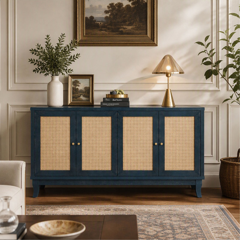 Buffet en rotin bleu avec 4 portes et tablettes réglables pour le rangement du salon