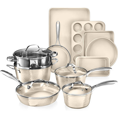 Gotham Steel Hammered Cream 15 Piece Ultra Ceramic Nonstick Cookware Set With Bakeware