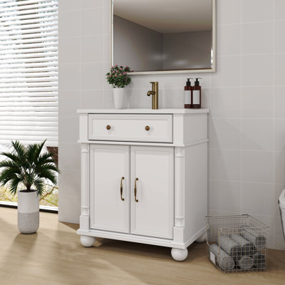 Lavabo de salle de bain de style milieu du siècle, 70,5 cm (27,8 po), avec base à colonnes romaines, lavabo sur pied de style campagnard avec rangement, meuble-lavabo haut de gamme avec poignées en métal et structure en bois massif, blanc