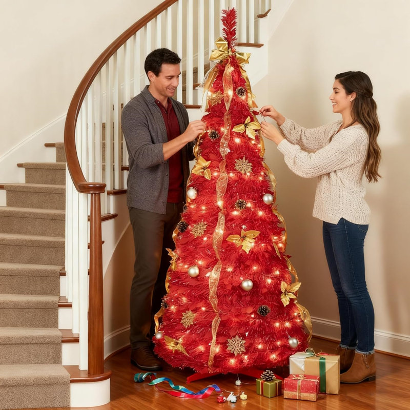 Arbre de Noël 6 pi pré-décoré avec 150 lumières à DEL blanc chaud, comprend des ornements et des rubans pour un affichage festif instantané, arbre artificiel facile à assembler