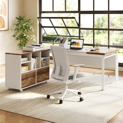 L-Shaped Executive Desk With Reversible File Cabinet