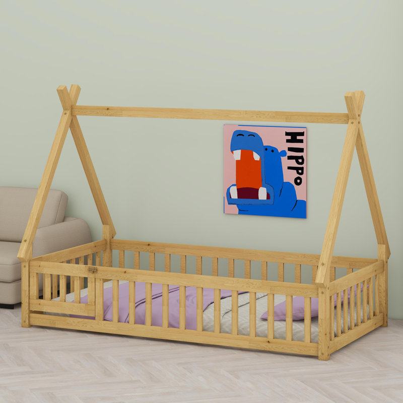 Tent-Inspired Floor Bed With Guardrails, Slats, And Playful Door Opening, Natural, Twin
