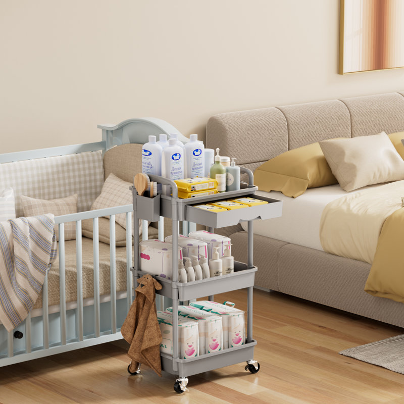 Rolling Cart with Drawer & Lockable Wheels, Plastic Shelf Storage Organizer Cart, Gray, 3 Tier