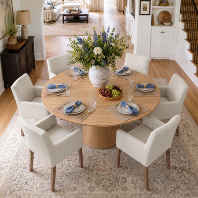 Ensemble de table de salle à manger pour 6 personnes avec table ronde unie et 6 fauteuils rembourrés en lin