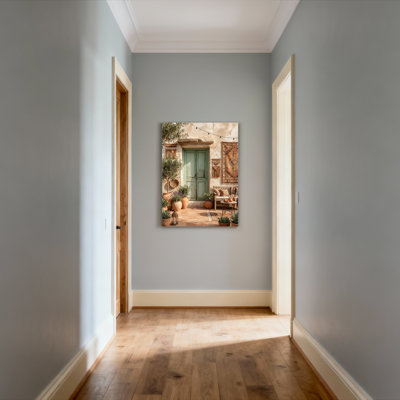 Méditerranée, scène de cour avec porte verte et plantes en pot, reproduction d'art sur toile tendue sur toile, ensemble de 1