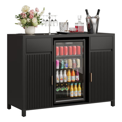 Modern Coffee Bar Cabinet with Mini Fridge Space & Charging Station – 53" Fluted Wine Rack Liquor Sideboard with Glass Holder, Adjustable Shelves, Buffet Storage for Kitchen, Living Room – Black