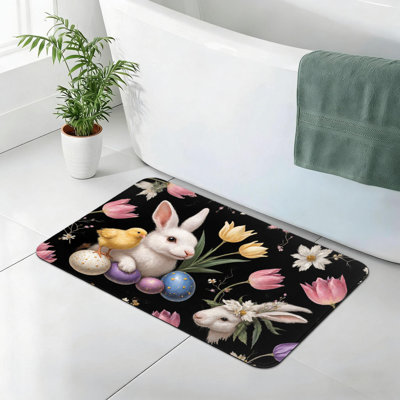 Bold Black Background Bath Mat 24x36 - Bunny, Chick & Tulip Non Slip Design
