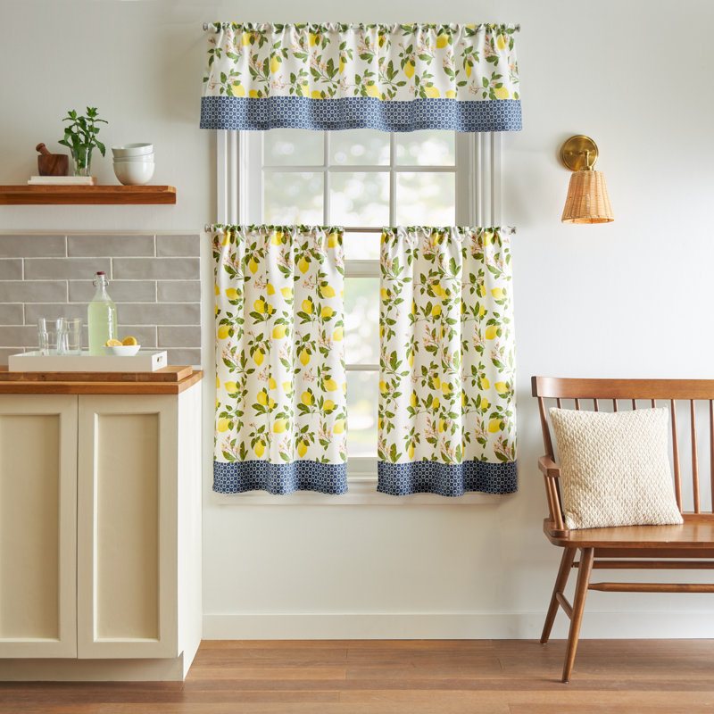 Blue and Yellow Lemons Light Filtering Cotton Polyester Kitchen Curtain Set