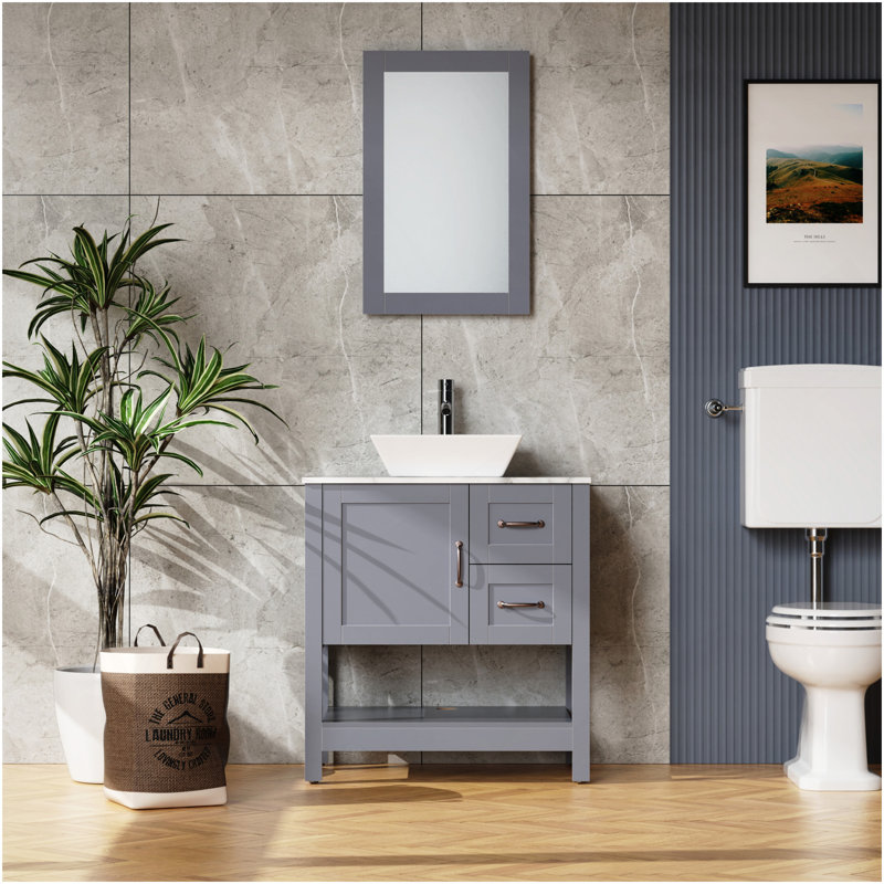 Meuble-lavabo de salle de bain 30 po gris avec comptoir en marbre avec lavabo et robinet miroir