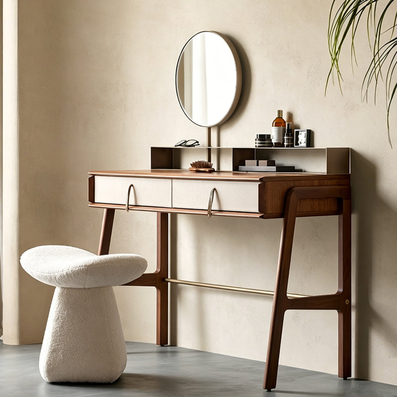 Coiffeuse moderne et minimaliste en bois de 110 cm (43,31 po) avec cadre incurvé et miroir de maquillage rond