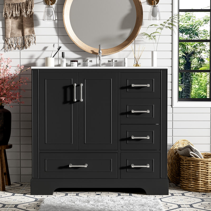 36" Single Bathroom Vanity With Ceramic Sink, Black, Silver
