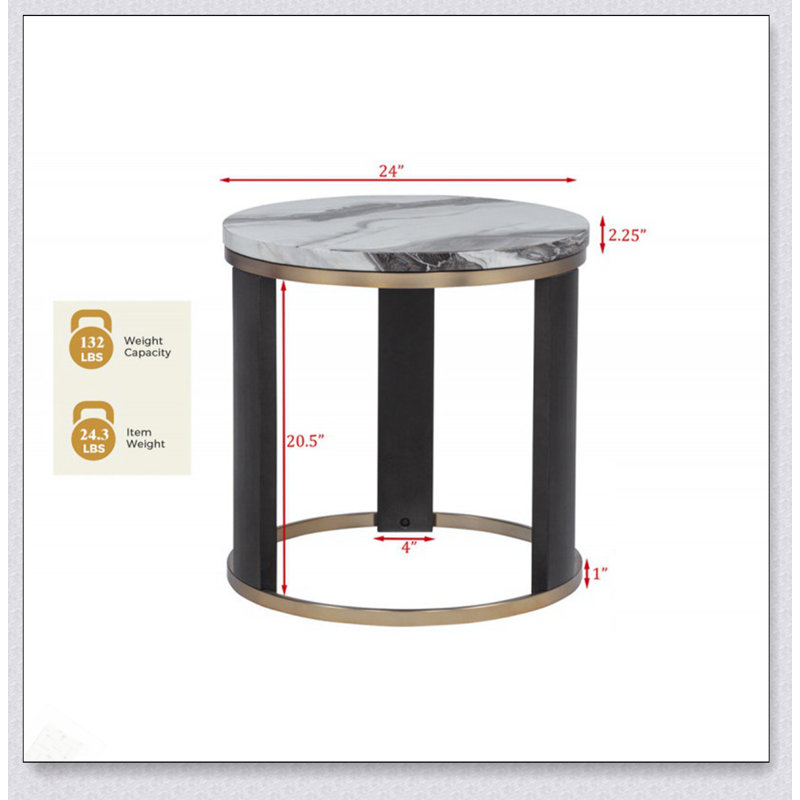 Table de bout ronde de 24 pouces en faux marbre avec accents dorés pour le salon, table d'appoint durable et élégante