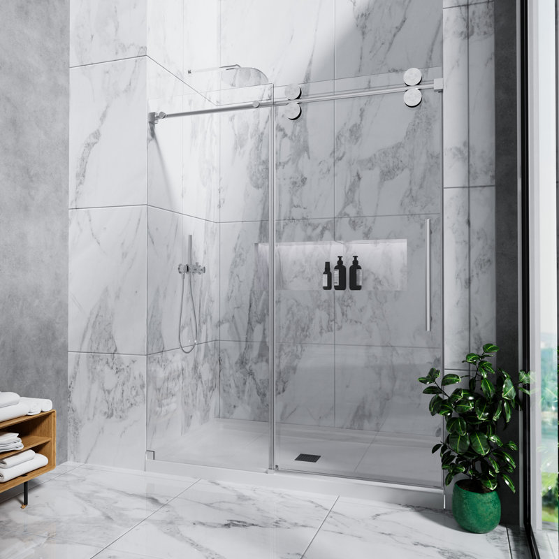 60 In. W X 72 In. H Single Sliding Frameless Shower Door With SGCC 5/16 In. Clear Glass, Brushed Gold
