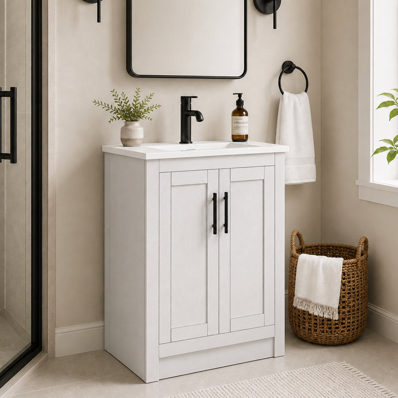 Meuble-lavabo autoportant simple de 24 po avec lavabo en céramique Lumina, blanc, contreplaqué de bois franc, portes à fermeture en douceur et rangement réglable intérieur