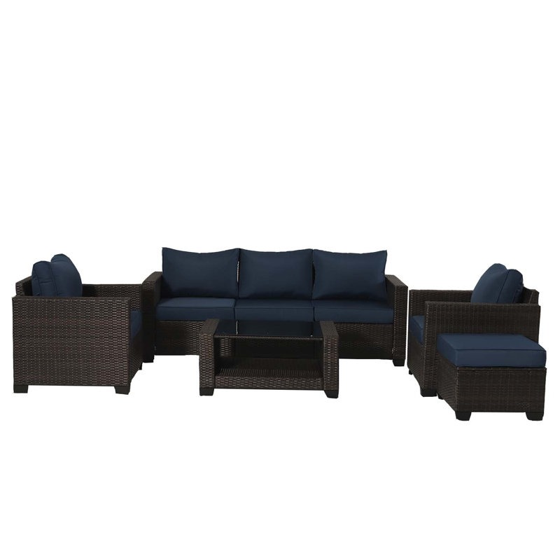 Canapé modulaire d'extérieur en osier avec coussins Vionette, Bleu, Brun foncé