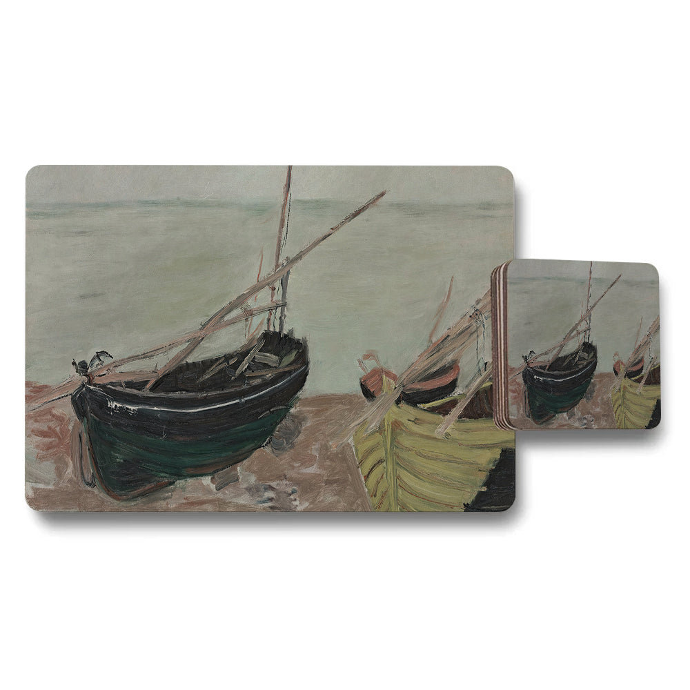 Seascape Boat Scene Placemats And Coasters Set With Beach Artwork