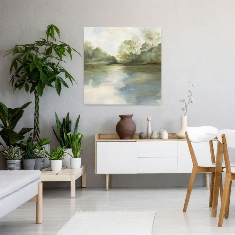 «Tranquil Reflections By The Water», art contemporain de paysage contemporain, H 36 po x l 36 po