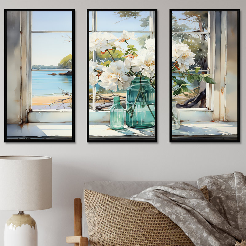 «Blue Window Beachfront View Blooms III - Coastal Windows», art mural, H 28 po x l 36 po x P 1 po, Cadre flottant noir
