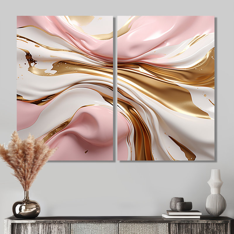 Rose et or liquide Glam Wave III - art mural moderne rose, 36" H x 48" W, Wrapped Canvas, Does Not Apply