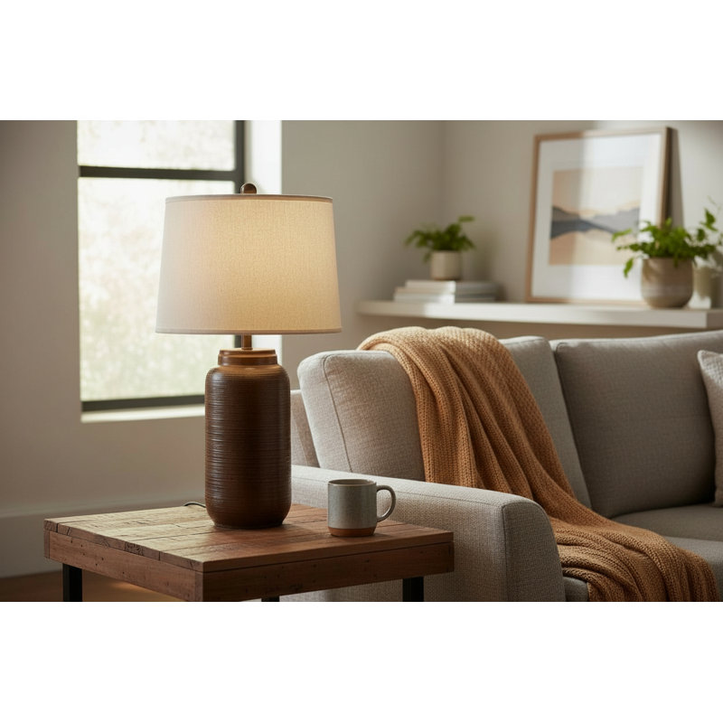 Grande lampe de table en pot patiné, Brun